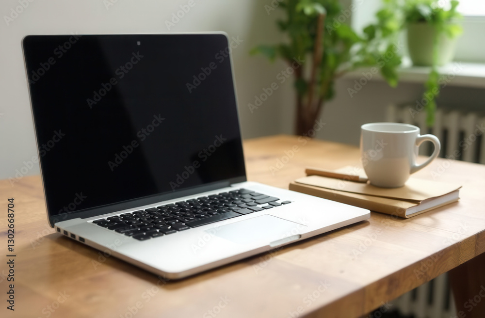 Sleek laptop with coffee mug on wooden desk by sunlit window Sleek laptop with coffee mug on wooden desk by sunlit window