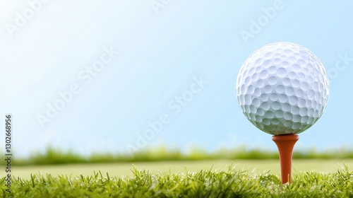 A golf ball sitting perfectly on a tee, ready for the first stroke under a clear blue sky.