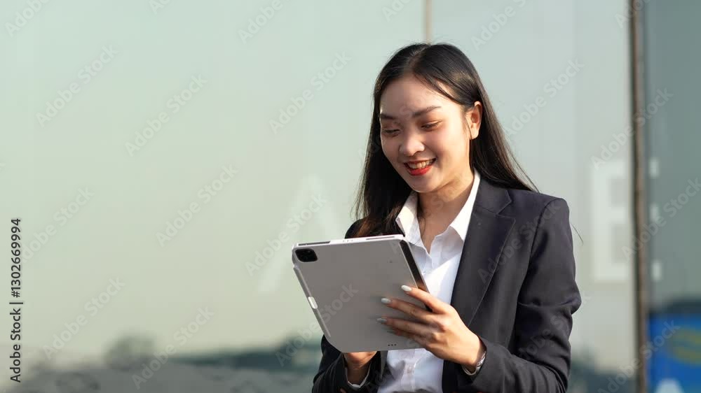 Portrait of a successful business woman using smartphone and digital tablet in front of modern business building. Portrait of a successful business woman using smartphone and digital tablet in front of modern business building.