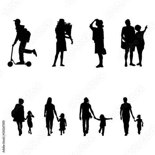 Black silhouettes of people in everyday situations, including individuals sitting, running, a family, a boy on a scooter, a couple in love, children holding hands, and a seated man