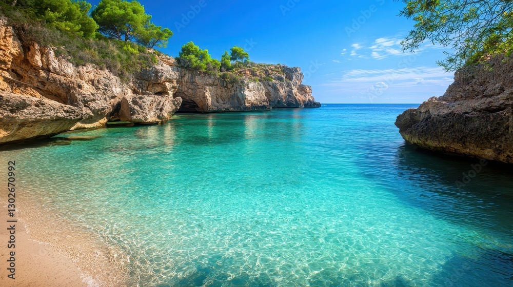 Fototapeta premium A secluded cove with crystal-clear turquoise water, surrounded by towering cliffs and lush green vegetation