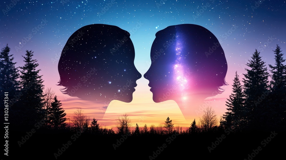 Naklejka premium A silhouette of twin faces merging into one, symbolizing the dual nature of the Gemini zodiac.