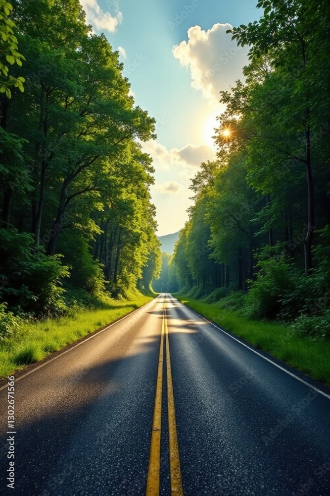 Fototapeta premium Sun-dappled asphalt road cuts through lush green forest, scenic clouds , blue sky, countryside, beautiful