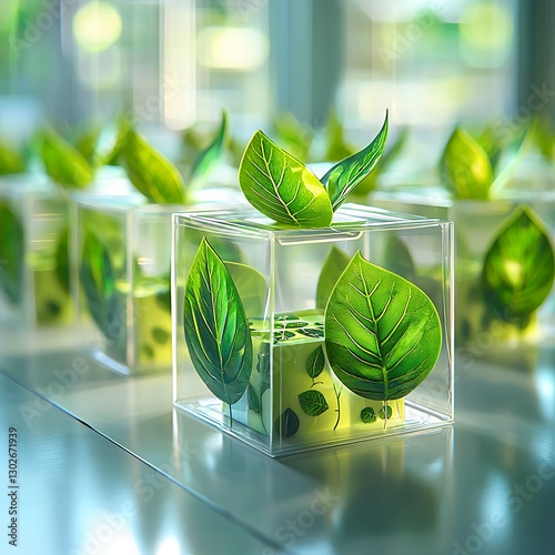 Green leaves in clear cubes