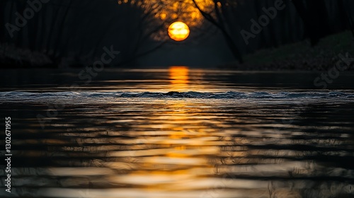 Sunset over river, dark forest