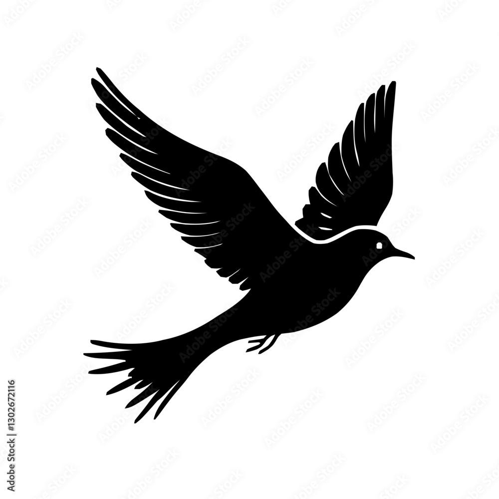 Fototapeta premium An illustration featuring a black Swallow hieroglyph silhouette set against a clean white background depicting a detailed bird in flight with wings spread, symbolizing rebirth and the afterlife.