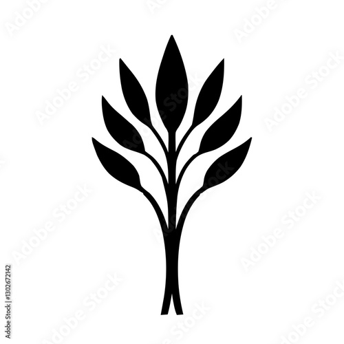 An illustration featuring a black Reed hieroglyph silhouette set against a clean white background showing a detailed reed plant symbol with multiple leaves, representing growth and prosperity.