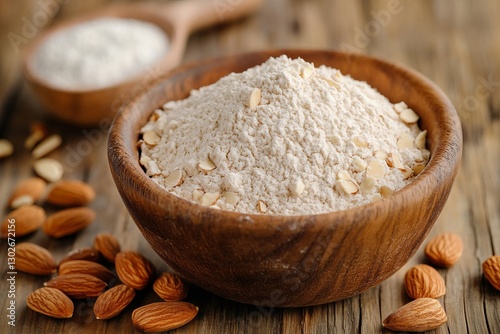 Close-Up of Wooden Bowl Full of Homemade Almond Cookies photo