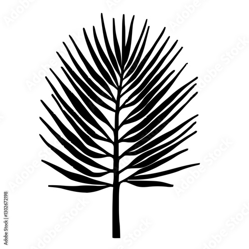 An illustration featuring a black Palm Rib hieroglyph silhouette set against a clean white background depicting a detailed ribbed leaf with vertical lines, symbolizing endurance and growth.