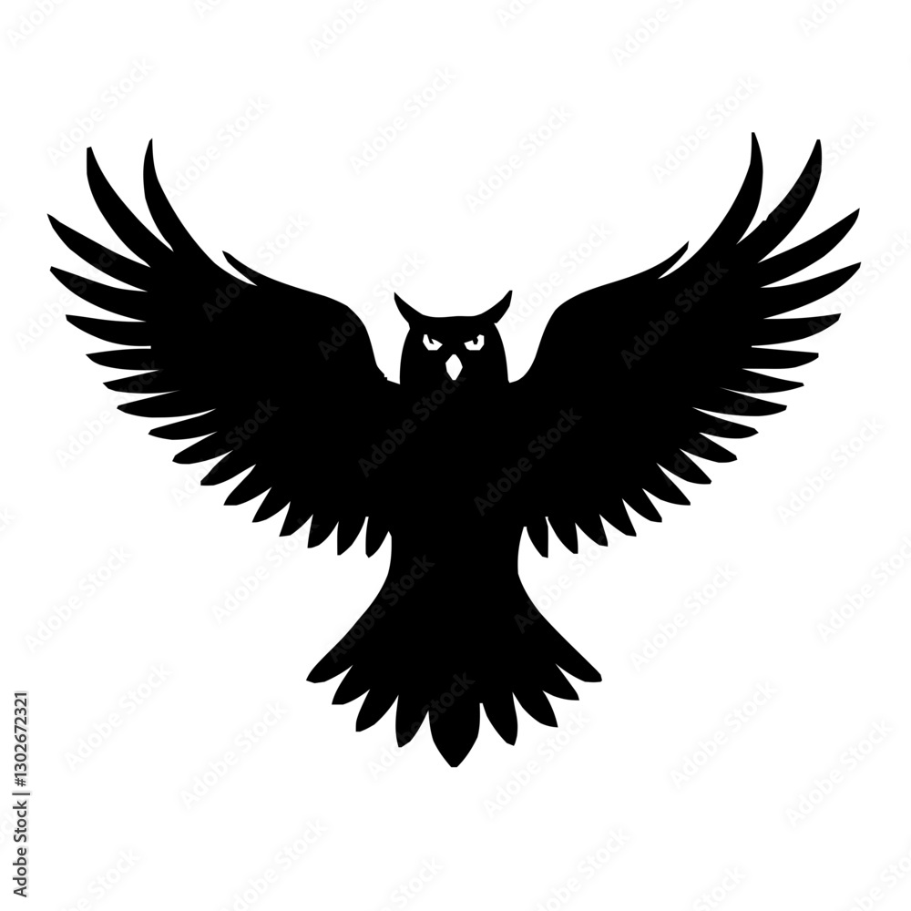 Obraz premium An illustration featuring a black Owl hieroglyph silhouette set against a clean white background showing a detailed owl with outspread wings, symbolizing wisdom and protection.