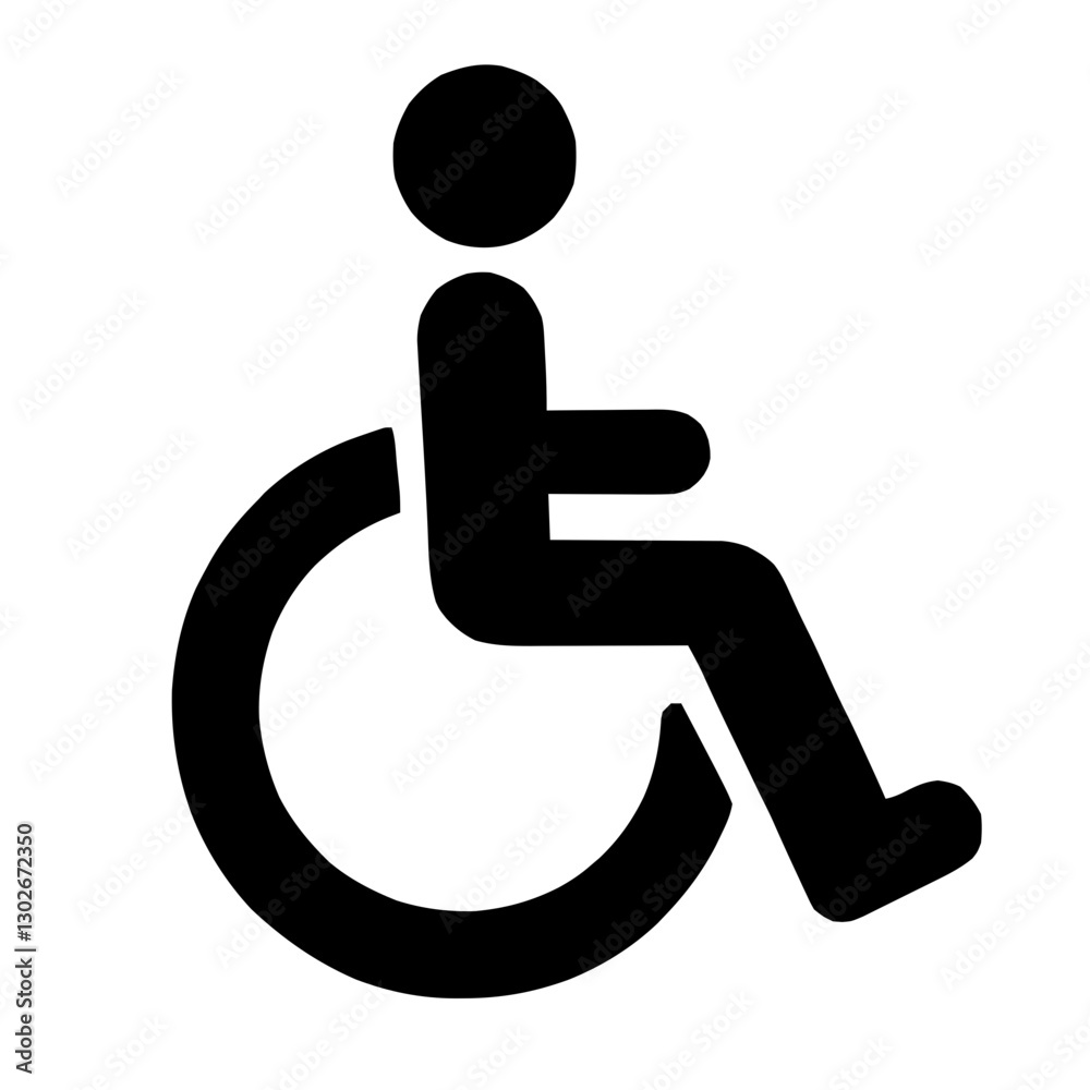 An illustration featuring a black wheelchair accessible sign silhouette set against a clean white background depicting a wheelchair symbol with a figure seated and large wheels. An illustration featuring a black wheelchair accessible sign silhouette set against a clean white background depicting a wheelchair symbol with a figure seated and large wheels.
