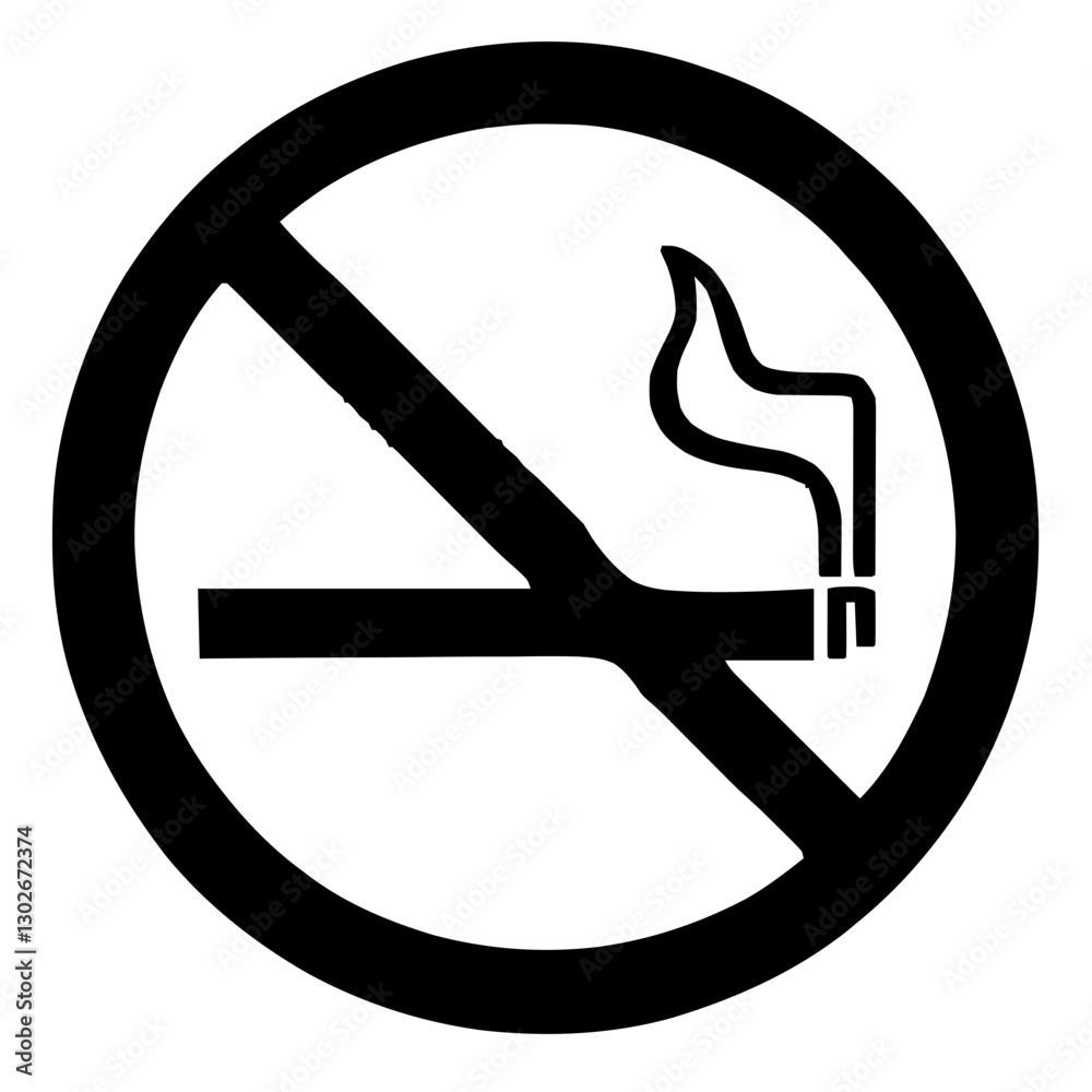 An illustration featuring a black no smoking sign silhouette set against a clean white background showing a cigarette symbol crossed by a diagonal line inside a circle. An illustration featuring a black no smoking sign silhouette set against a clean white background showing a cigarette symbol crossed by a diagonal line inside a circle.