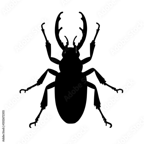 An illustration featuring a black Scarab hieroglyph silhouette set against a clean white background depicting a detailed beetle with legs and antennae, symbolizing transformation and rebirth.
