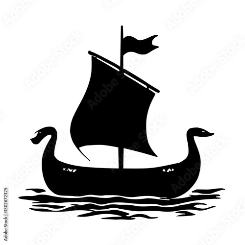 An illustration featuring a black Boat hieroglyph silhouette set against a clean white background showing a detailed boat with sail and oars, symbolizing journey and transition.