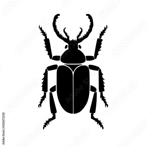 An illustration featuring a black Scarab hieroglyph silhouette set against a clean white background depicting a detailed beetle with legs and antennae, symbolizing transformation and rebirth.