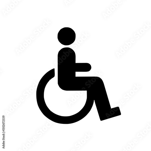 An illustration featuring a black wheelchair accessible sign silhouette set against a clean white background depicting a wheelchair symbol with a figure seated and large wheels.