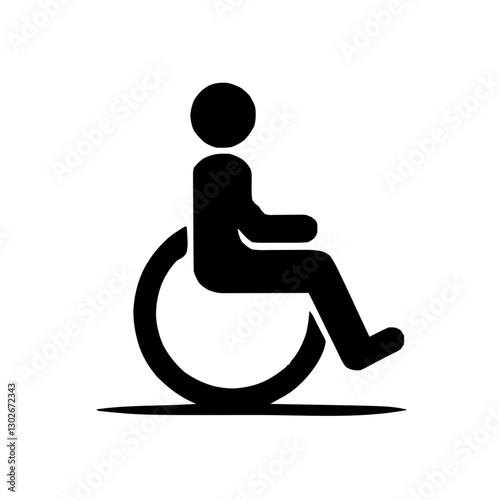 An illustration featuring a black wheelchair accessible sign silhouette set against a clean white background depicting a wheelchair symbol with a figure seated and large wheels.