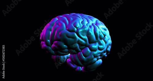 Rotating brain in neon lighting.  Concept of Artificial Intelligence, digital technology. Repeatable footage by 3d rendering.Alpha channel.