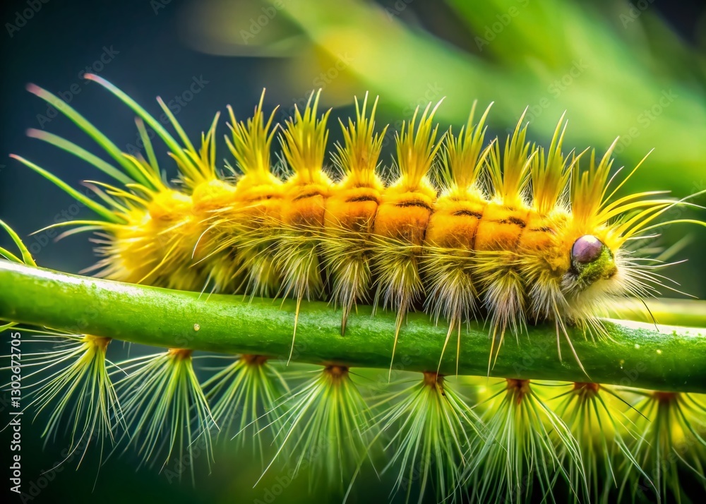 Fototapeta premium Macro Photography: Fuzzy Yellow Caterpillar Crawling on Plant Stem