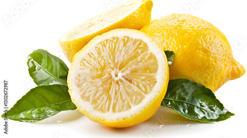 A whole lemon and half-cut lemon with green leaves isolated on a white background, showcasing fresh and vibrant citrus fruit.