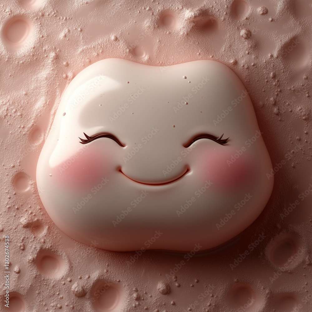 Fototapeta premium Pastel pink clay emoji with a joyful smile and closed eyes, featuring a handmade texture, set against a warm beige background with soft, diffused lighting. Generative AI