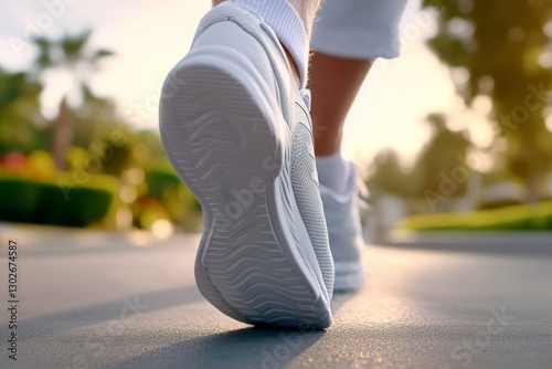 Walking on a sunny path with white athletic shoes in the afternoon light near a vibrant garden in a residential area