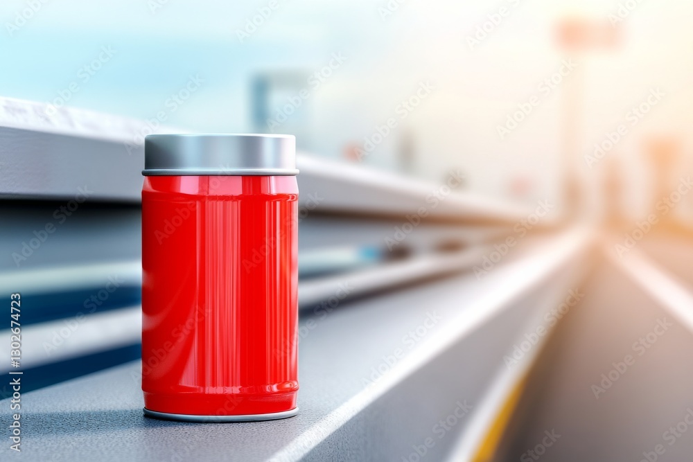 Red container resting on a railing near a modern urban road during bright daylight Red container resting on a railing near a modern urban road during bright daylight