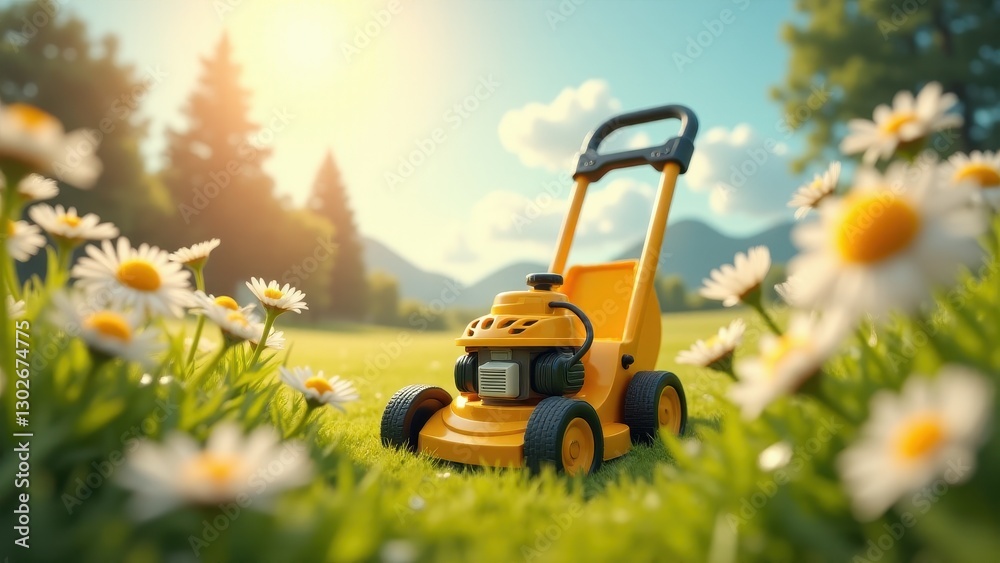 Fototapeta premium Push lawn mower, Child yellow lawn mower among daisies playful scene under midday sun whimsical backyard