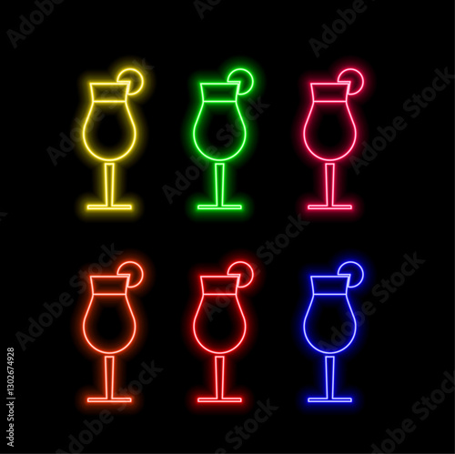 Vodka bottle and glasses neon icon. Traditional Russian strong alcohol beverage. Vector illustration.