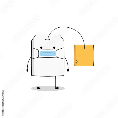 Cute tea bag cartoon character wearing a medical mask doodle