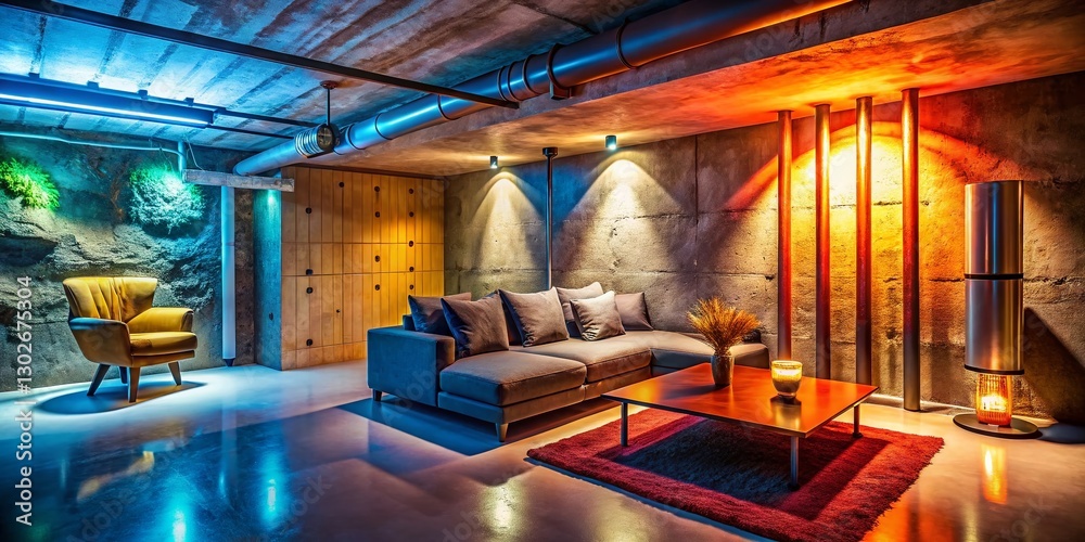 Fototapeta premium Macro Shot of Modern Underground Home's Interior Detail: Concrete Texture and Lighting