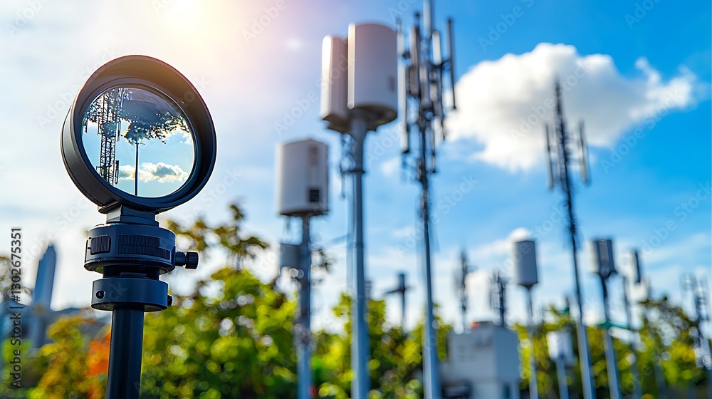 Reflected cell towers in mirror against blue sky with urban, sunny outdoor background Reflected cell towers in mirror against blue sky with urban, sunny outdoor background