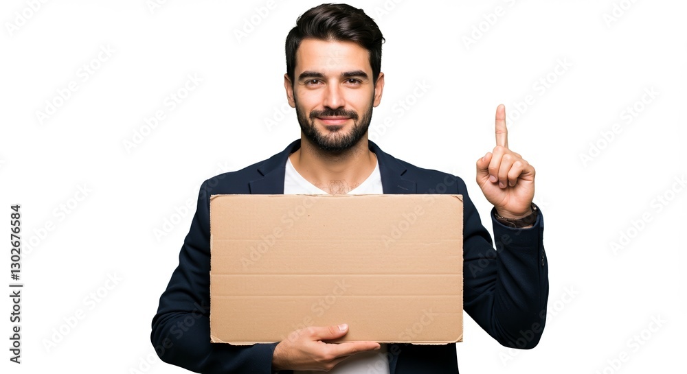 Confident businessman holding a blank cardboard sign with space for text Confident businessman holding a blank cardboard sign with space for text
