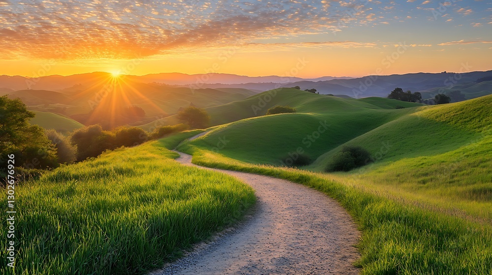 Obraz premium Sunrise over rolling green hills with a winding path.
