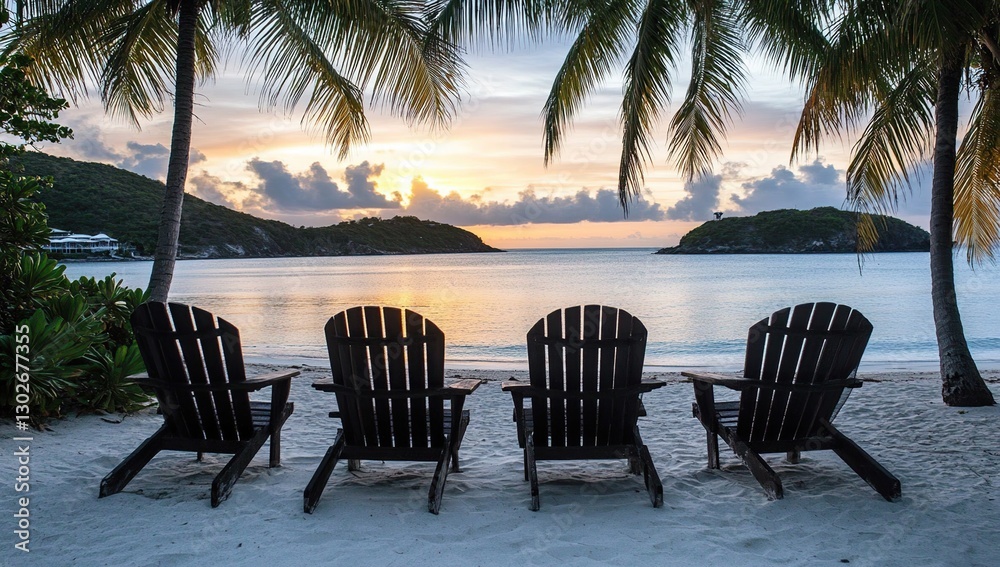 Fototapeta premium Tropical Sunset Beach Scene with Four Empty Chairs