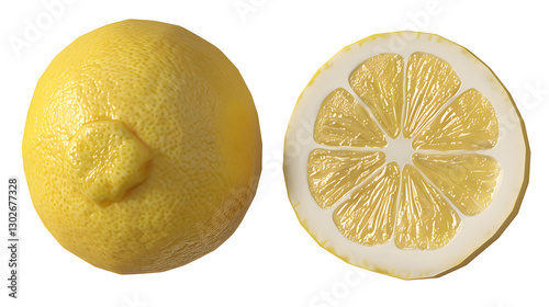 A whole lemon and half of it isolated on a white background, highlighting its fresh citrus texture and vibrant yellow color.