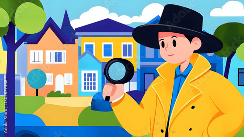 A cheerful detective in a vibrant yellow coat examines the neighborhood with curiosity and wonder