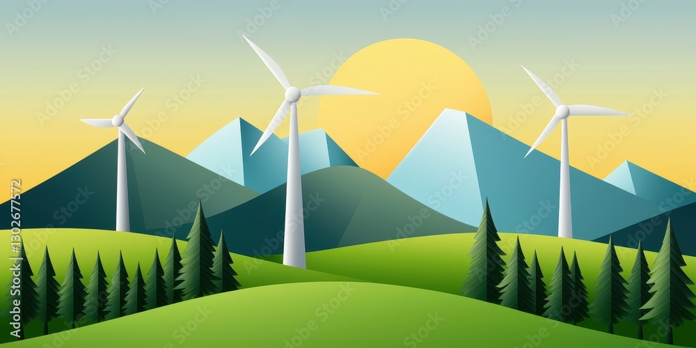 Fototapeta premium A vibrant landscape featuring wind turbines, green hills, and mountains under a bright sun, symbolizing renewable energy and nature's harmony.