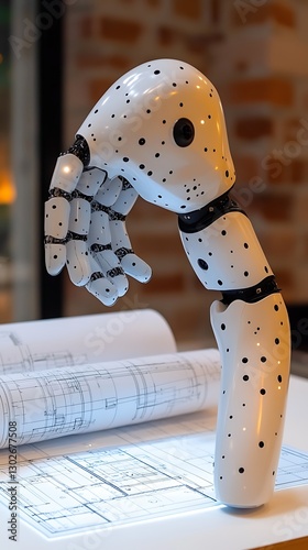 Robotic hand on blueprints
