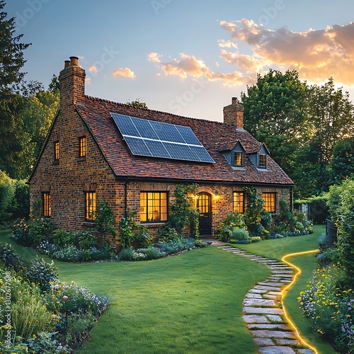 Country home with solar panels at sunset
