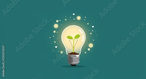 Illustration of a lightbulb with a green sprout inside against teal background