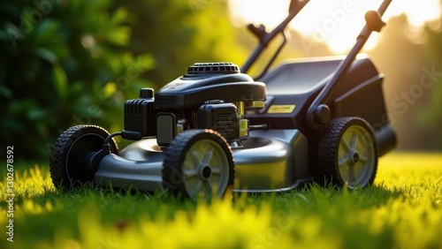 Push lawn mower, Close-up chrome-and-ebony push lawn mower gleaming under sunlight surrounded by lush foliage with reflections. photo