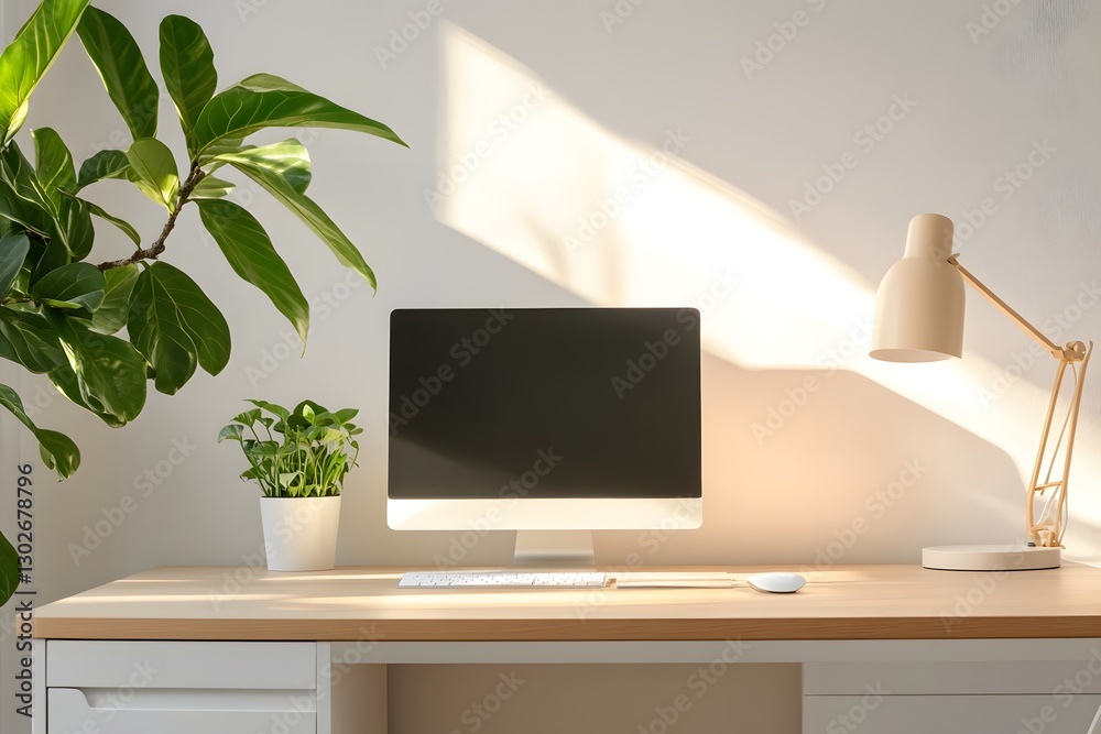 Fototapeta premium Warm and Inviting Minimalist Office Desk Setup with Aesthetic Decor Elements