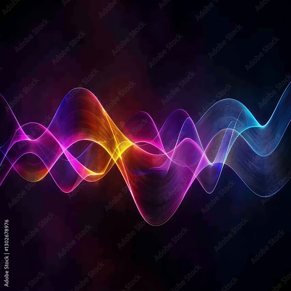 Fototapeta premium Abstract colorful sound waves on a dark background. Dynamic and vibrant audio visualization with flowing lines and spectrum hues.