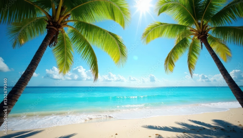 Fototapeta premium Sun-drenched palm trees arch over turquoise ocean waves on a pristine beach , palm trees, beach scene, sun