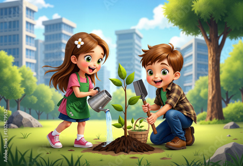 Children plant a tree in a city park, taking care of the environment