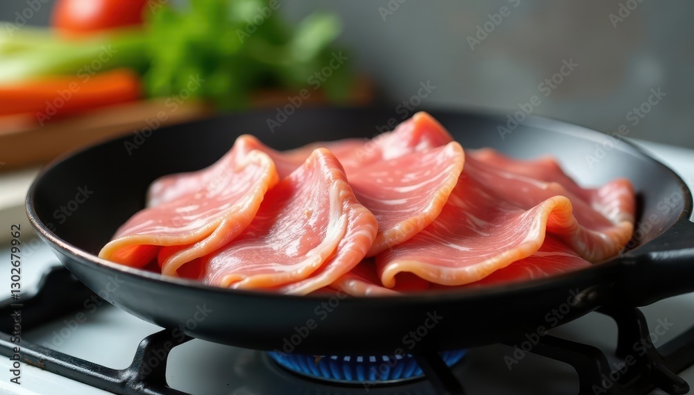 Thinly sliced pork ready for frying, white stove backdrop , kitchen, culinary Thinly sliced pork ready for frying, white stove backdrop , kitchen, culinary