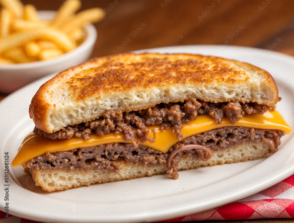 A savory grilled cheese burger with melted cheddar, juicy beef, and toasted bread, served with a side of crispy fries. A savory grilled cheese burger with melted cheddar, juicy beef, and toasted bread, served with a side of crispy fries.
