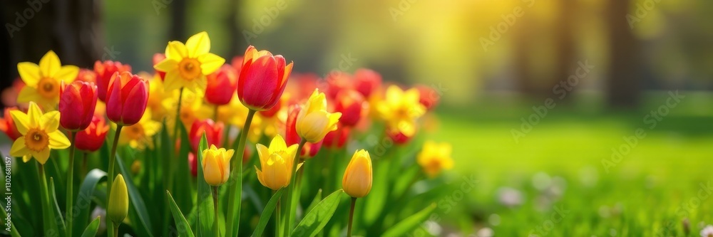 Vibrant tulips, daffodils burst on lush green lawn, spring, nature, beautiful Vibrant tulips, daffodils burst on lush green lawn, spring, nature, beautiful