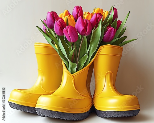 Colorful tulips in yellow rain boots